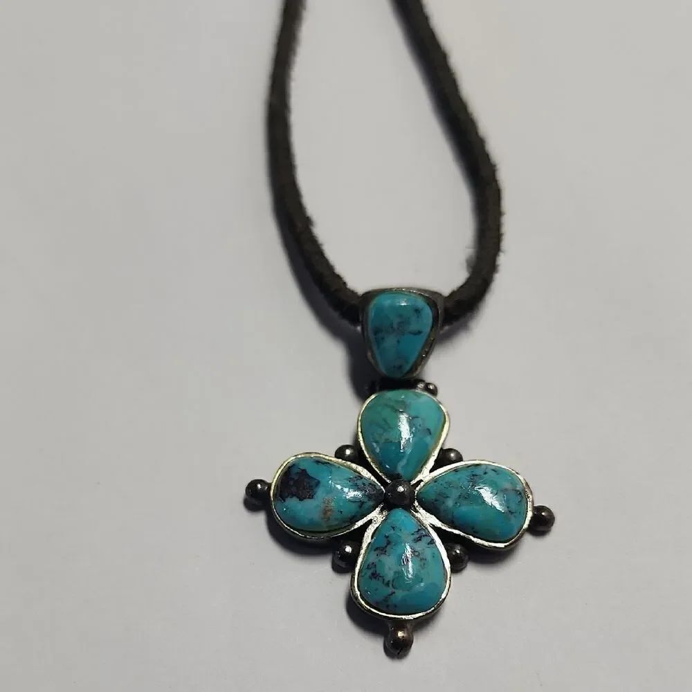 Barse Turquoise Sterling Silver 925 Pendant Necklace 16" Suede Leather Chain